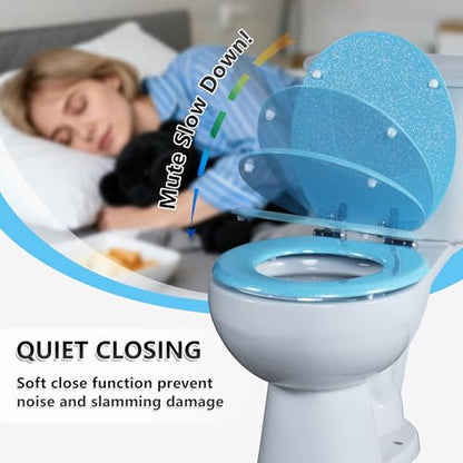 Angol Shiold Glitter Toilet Seat Molded Wood Round Toilet Seat with Quietly Close and Quick Release Hinges, Easy to Clean also Easy to Install (Round 16.5'', Blue) - color: Blue, size: Round 16.5‘’