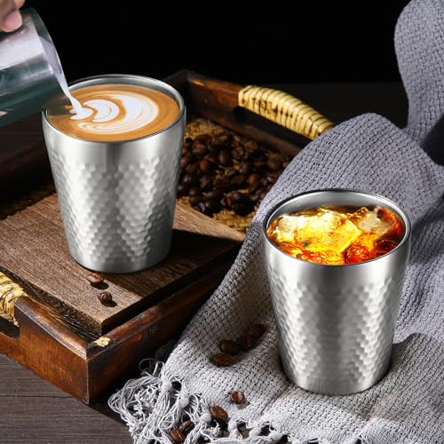 Stainless Steel Cups 4 Packs 10oz/300ml Stackable Double Wall Insulated Metal Shatterproof Cups Titanium-Plated Diamond Textured Surface Heat Resistant Dishwasher Safe (Silver - 4 Packs) - color: Silver - 4 Packs