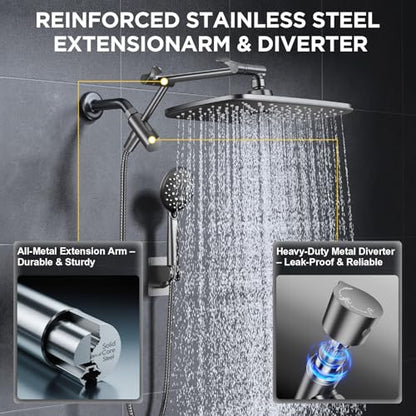 Veken Gunmetal Gray 11.8" High Pressure Shower Head with Handheld, Durable | Handheld Shower with Multi Spray Modes, Rainfall Combo with 15" Metal Extension Arm, Detachable Dual Shower, Bathroom Decor - color: Gunmetal Gray