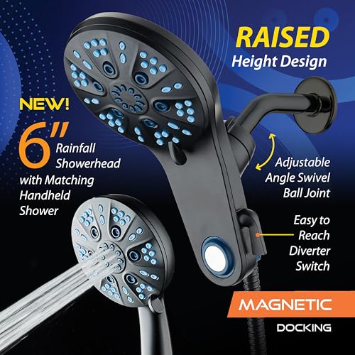 AquaCare Magneton 48-Mode High Pressure Rain & Handheld Shower Head Combo | Space-age Magnetic Guidance Docking, Dual 6-mode Heads with Hygienic Jets, Extra-long 6 ft. Stainless Steel Hose / Black - color: Matte Black