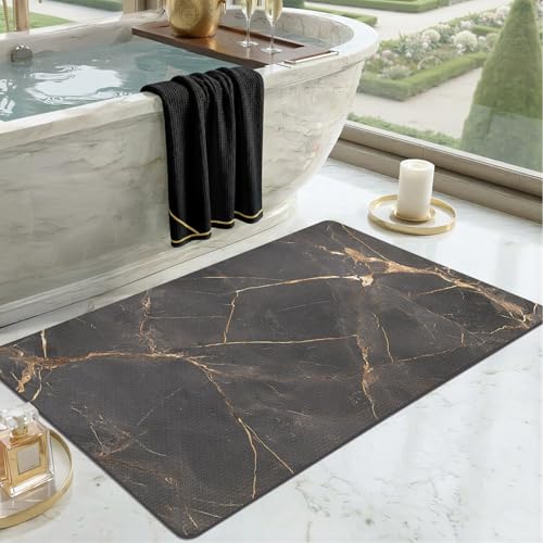 Color&Geometry Black Marble Bathroom Rugs Non Slip,Absorbent Thin Bath Mat | 32"x20" Washable Bath mats for Bathroom,Bath Mat Quick Dry Low Pile Bathroom Rug for Bathtub and Shower Floor - color: Gold-veined Marble, size: 20"x32"
