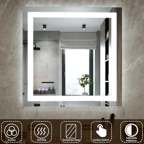 Large Bathroom Mirror with Lights 47 x 47 Inch - 3 Adjustable Lighting Modes Square LED Bathroom Vanity Mirror, Anti-Fog, Memory Function, Tempered Glass, Wall Mounted Horizontally Vertically - size: 47"L x 47"W