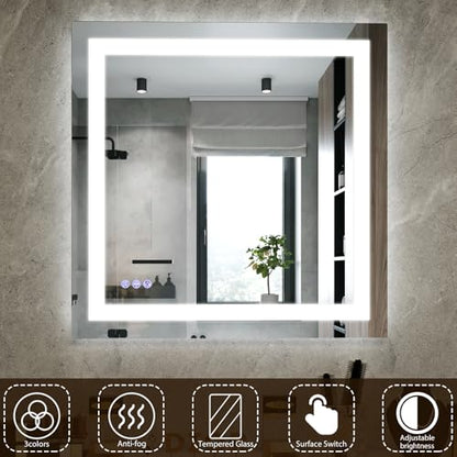Large Bathroom Mirror with Lights 47 x 47 Inch - 3 Adjustable Lighting Modes Square LED Bathroom Vanity Mirror, Anti-Fog, Memory Function, Tempered Glass, Wall Mounted Horizontally Vertically - size: 47"L x 47"W