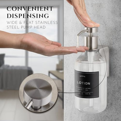 Shower Shampoo Dispenser Wall Mounted – Refillable 16.9 oz Clear Bottle with Stainless Steel Pump & No-Drill Adhesive Holder – Soap Dispenser for Bathroom (1 X Clear/Silver) - color: 1 X Clear/Silver