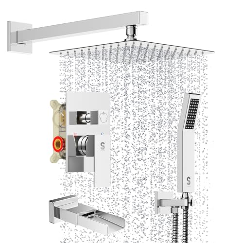 SR SUN RISE 10 Inch All Metal Square Shower System with Tub Spout, Tub Shower Faucet Set, High Pressure Rain Shower Head and Handheld Sprayer Shower Fixtues, Valve Included, Polished Chrome - color: Polished Chrome, size: 10 Inch