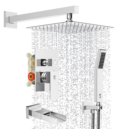 SR SUN RISE 10 Inch All Metal Square Shower System with Tub Spout, Tub Shower Faucet Set, High Pressure Rain Shower Head and Handheld Sprayer Shower Fixtues, Valve Included, Polished Chrome - color: Polished Chrome, size: 10 Inch