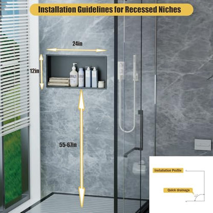 Shower Niche 24"x12"，No Tile Needed，Stainless Steel Niche Bathroom for Shower Wall，Matte Black （ 24 x 12 in） - color: Black, size: 12 * 24 in