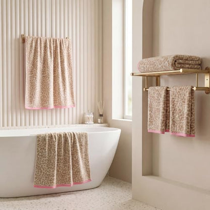 REDKISS Leopard Print Towel Set of 6,100% Cotton Bathroom Towels,Quick Dry & Absorbent,2 Bath Towel, 2 Hand Towel, 2 Washcloth-Light Brown - color: Light Brown