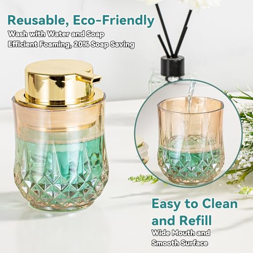 Foaming Soap Dispenser - Amber Glass Foam Soap Dispenser, 8 Oz Golden Foam Hand Wash Dispenser for Bathroom, Modern Home Refillable Dish Dispenser for Kitchen (Golden)