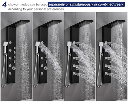 ROVATE 4-in-1 Rainfall Waterfall Shower Panel Tower System, Black | Shower Column with Body Massage Jets and Handheld, Stainless Steel High Pressure, Use Multiple Functions Simultaneously - color: Black Finish