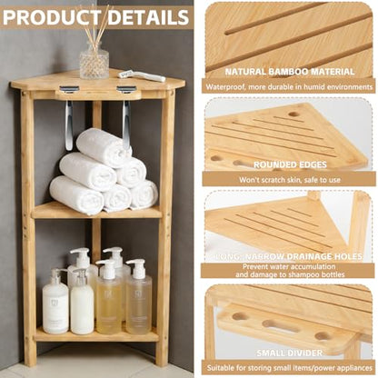 Natural Bamboo Corner Shower Stand, 3-Tier Wooden Standing Shower Organizer, Waterproof Space-Saving Bathroom Corner Shelf for Shower, Kitchen or Living Room