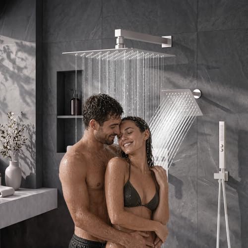 Shower Faucet Set, Wall Mount 12" Rain Shower System with Handheld and 6" Rainfall Shower Head, Can Use 2 Modes Together for Two People, 3 Way Shower Valve with 5 Diverter Complete,Brushed Nickel - color: Brushed Nickel, size: 6+12 inch-09