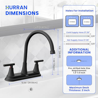 HURRAN 2 Handle Kitchen Sink Faucet, 8 Inch High Arc 360°Swivel Kitchen Sink Faucet, 3 Hole Kitchen Faucet Without Side Sprayer, Centerset RV Kitchen Faucet with Stainless Steel Pipe, Black - color: Black, style: Without Side Sprayer