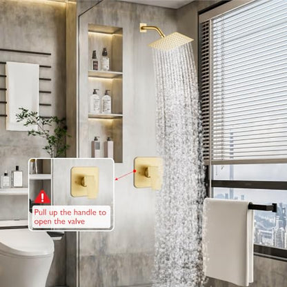 Heyalan 8-Inch Square Rain Shower Faucet Set with Valve, Brushed Gold | SUS304 stainless steel shower head, male NPT 1/2-inch valve, single-handle control, adjustable angle, 1.8 GPM - color: Gold