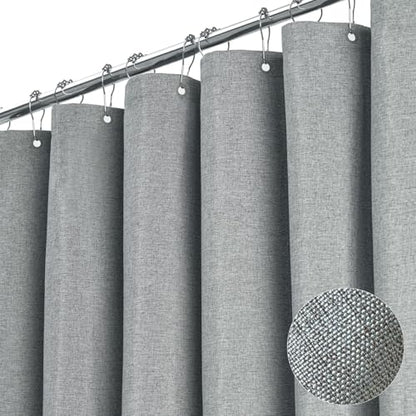 BTTN 84x72 Wide Linen Textured Waterproof Cloth Shower Curtain, Grey/Gray | Wide Size, 230GSM Polyester, Heavy Duty Fabric, Weighted Hem, 14 Plastic Hooks, Modern Luxury Hotel Style, Machine Washable - color: Grey, size: 84"W x 72"L (Pack of 1)