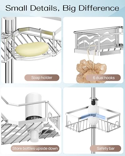 ALLZONE Corner Shower Caddy Tension Pole with 4 Repositionable Hang-On Baskets, Mixed-Height Shelves for Tall Bottles, 8 Dual Hooks & Soap Dish, Rust-Resistant Stainless Steel, Adjustable 34-116 Inch