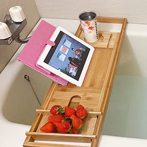 Homemaid Living Luxury Bamboo Bathtub Tray - Expandable Bathroom Tray with Reading Rack or Tablet Holder, Premium Bath Tray Includes a Wine Glass Holder, Cloth Book/Pad/Tablet Stand