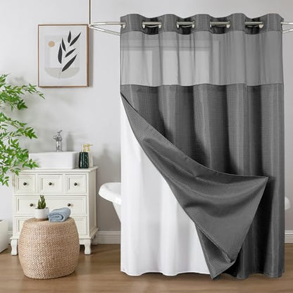 Colorful Star No Hook Shower Curtain with Snap in Fabric Liner, Waffle Heavy Duty Thick Shower Curtains with Mesh Top Window, Hotel Style Waterproof Bathroom Curtain Set, 72'' x 81'', Charcoal Grey - color: Charcoal Grey, size: 72"W x 81"L (Pack of 1)