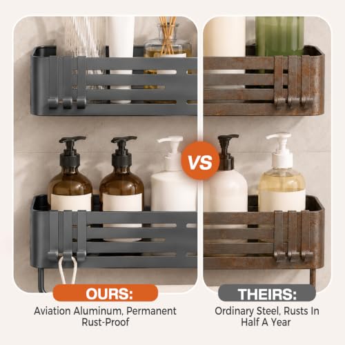 Lekesky Suction Cup Shower Caddy, No Drill Shower Shelves with a Towel Bar, Aluminum Rust Proof Bathroom Shower Organizer with 12 Hooks (2-Pack, Gunmetal Gray) - color: Gunmetal Grey1