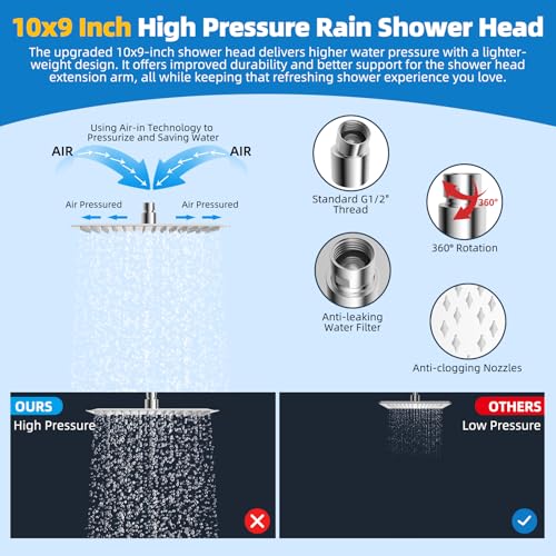 Hibbent All Metal cUPC Certified Shower Head, 10'' High Pressure Rainfall Shower Head, Showerhead Combo, Handheld Shower Wand, 12'' Adjustable Extension Arm, 4-Spray, 71'' Hose, Shower Holder, Chrome - color: Chrome, style: Square 10''