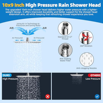 Hibbent All Metal cUPC Certified Shower Head, 10'' High Pressure Rainfall Shower Head, Showerhead Combo, Handheld Shower Wand, 12'' Adjustable Extension Arm, 4-Spray, 71'' Hose, Shower Holder, Chrome - color: Chrome, style: Square 10''
