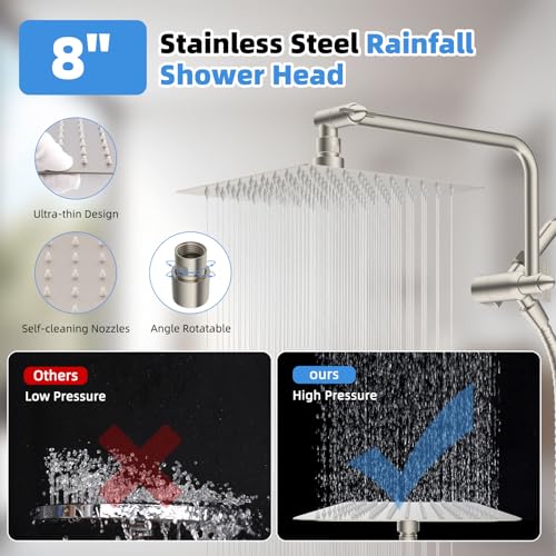 8" Metal Rainfall Shower Head with 10-Mode Handheld, Brushed Nickel | NSF/ANSI/CAN 372 Certified, High Pressure Showerhead Combo with 11" Adjustable Shower Arm, 71" Hose, Shower Head Holder - color: Brushed Nickel, style: Square 8"