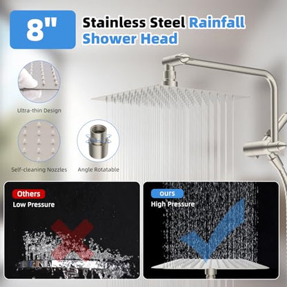 8" Metal Rainfall Shower Head with 10-Mode Handheld, Brushed Nickel | NSF/ANSI/CAN 372 Certified, High Pressure Showerhead Combo with 11" Adjustable Shower Arm, 71" Hose, Shower Head Holder - color: Brushed Nickel, style: Square 8"