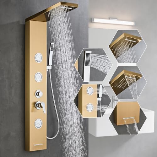 5-In-1Shower Panel Tower System-Brushed Gold | 304 stainless steel Shower Panel Column Tower With Powerful Body Jets,Body Spray,Rainfall,Waterfall,Handheld And Tub Spout - color: Gold