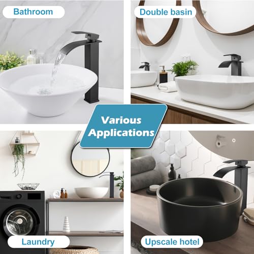 Midanya Waterfall Tall Bathroom Vessel Sink Faucet,Matte Black | with 24” cUPC Water Hoses,Pop Up Drain without Overflow,for 1 hole Vanity,RV,Lavatory,Bowl,Farmhouse,SUS304,Single Handle - color: Black
