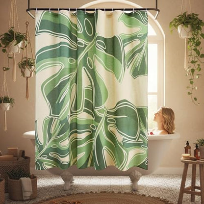 Tropical Plants Linen Shower Boho Curtain Set with Liner,72" Wx72 L | Double Layer Shower Curtain Waterproof Fabric with Zippered Removable PEVA Liner,Boho Shower Curtain for Bathroom,Free Hooks - color: Monstera Leaf