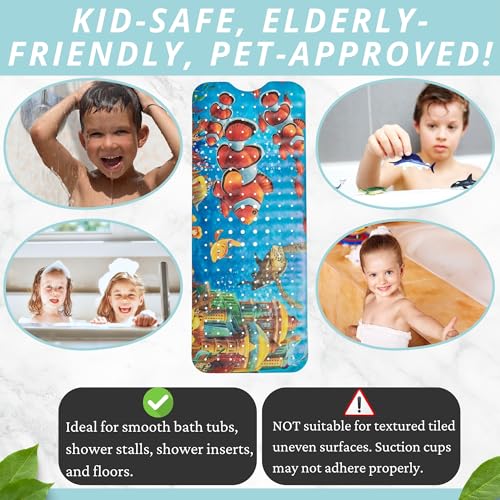ENKOSI Non-Slip Bath & Shower Mat 40x16 Extra Long, Suction & Drain Holes | Fun clownfish print for kids; Durable PVC; 40x16 in, Clownfish - color: Clownfish Print