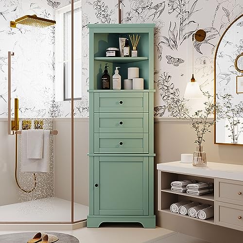 Green Corner Cabinet, 69" Tall Bathroom Storage Cabinet with 3 Drawers & Adjustable Shelves, Triangle Freestanding Linen Tower Pantry Organizer for Small Spaces Kitchen Living Room