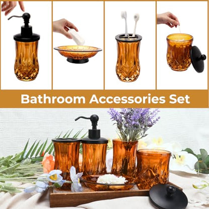 Amber Bathroom Accessories, Round Thick Glass & Zinc Alloy Pump | Beautiful & weight, 5 pcs soap dispenser, toothbrush holder, soap dish, tumbler & jar, for mission/amish style - style: Round(Amber)