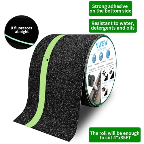Glow in Dark Anti Slip Tape, 4" x35FT Heavy Duty Waterproof Safety Grip Tape for Stairs, Pool, Bathroom - Black & Glow Stripe Indoor/Outdoor Multi-Purpose Traction Tape - size: 4 Inch x 35 Feet