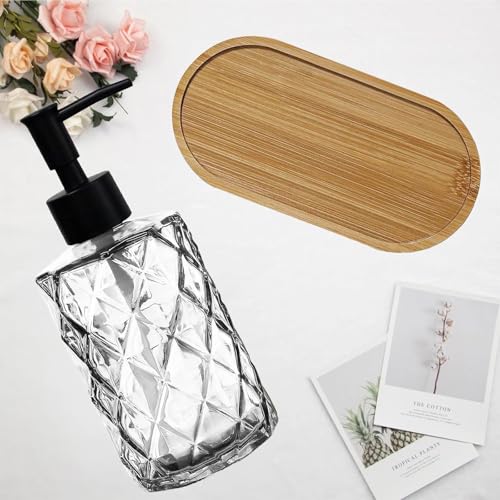 12oz Clear Glass Hand and Dish Soap Dispenser Set, Diamond Design, Set of 2 | Bathroom Soap Dispenser with Plastic Pumps, Bamboo Tray for Hand Wash & Dish Wash, for Bathroom Kitchen Countertop - color: Clear