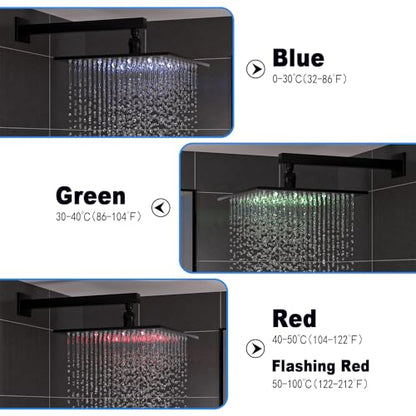 Enga Thermostatic Shower System with Body Jets (Use All Functions At A Time), Ceiling Mounted 12 Inch LED Rain Shower with 6 Body Spray Jets and Handheld Shower Faucet Set, Matte Black - color: Black, style: Ceiling Mount-6 Jets