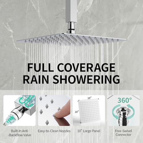 SR SUN RISE SRSH-C1003 Ceiling Mount Bathroom Luxury Rain Mixer Shower Combo Set Rainfall Shower Head System 10 Inch Polished Chrome (Contain Shower Faucet Rough-In Valve Body and Trim） - color: Polished Chrome, style: 10 inch