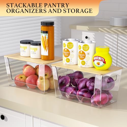 CiWiVOKi 6 Pack Clear Stackable Storage Bins with Bamboo Lids, Trash Bag Holder Dispenser Under Sink Organizer for 4-13 Gal Bags, Plastic Storage Containers for Pantry Bathroom Kitchen Organization - size: 6 Pack