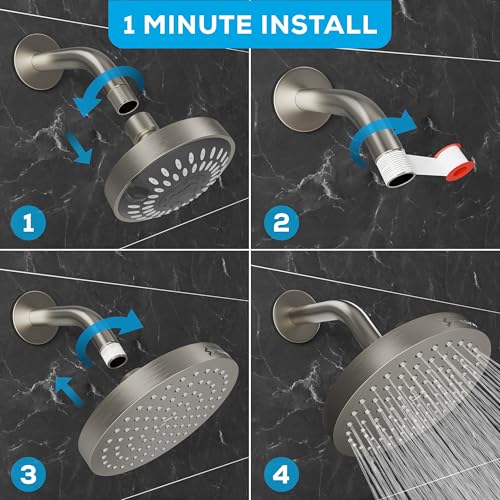 SparkPod Rain Shower Head, 6 Inch Round, Elegant Brushed Nickel Finish | High Pressure Shower Heads, 90 Nozzles, Adjustable Showerhead, No Tools Needed, Universal Connection - color: Elegant Brushed Nickel, style: 6 Inch Round