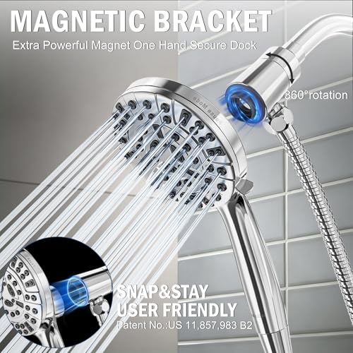 9 Settings High Pressure Magnetic Shower Head with Handheld | Power Wash for Tub&Tile, Magnetic Bracket, Pause Mode for Water Saving, Easy Clean Nozzles, 6ft Hose, Premium Chrome - color: Premium Chrome
