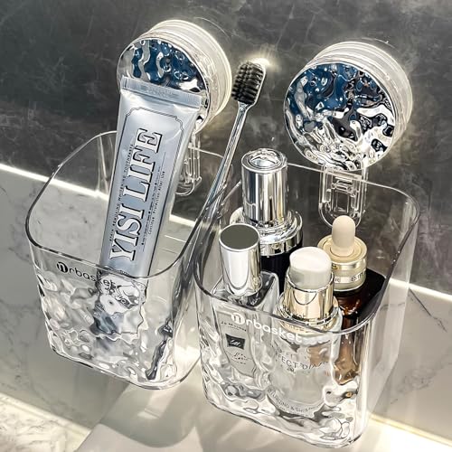 2 Pack Suction Cup Shower Caddy, Wall Mounted Suction Electric Toothbrush Holder for Bathroom, Clear Shower Rack with 2 Movable Hooks, Toothpaste and Razors Shower Organizer - style: Small size, 2 pieces