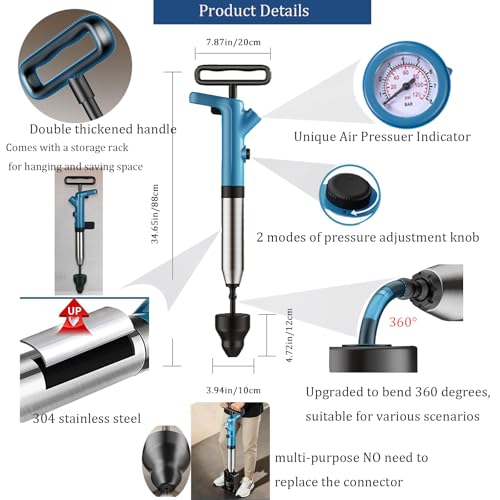Air Toilet Drain Blaster Plunger Powerful Manual High Pressure Dredge Plumbing Tool for Clogged Toilet Sink and Bathroom Kitchen Vloor Drain and Sewer Pipe Dredging（blue）