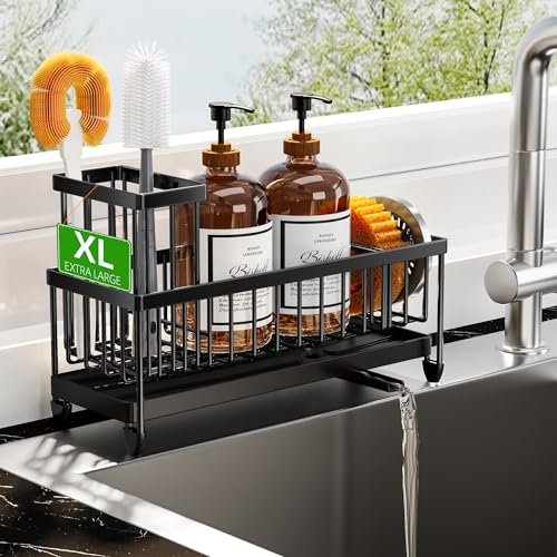 Cisily Sponge Holder for Kitchen Sink, Sink Caddy Organizer with High Brush Holder, Kitchen Countertop Organizers and Storage Essentials, Rustproof 304 Stainless Steel (Large Black, 10.62″) - color: Black - 10.62″