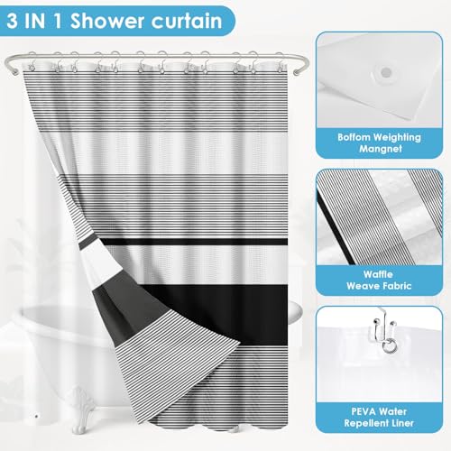 3 in 1 Shower Curtain and Liner,72 x 72 inch, Striped Black | Shower Curtain and PEVA Liner Set with 12 Rust-Resistant Metal Hooks, Waterproof Fabric Curtains for Bathroom - color: Black