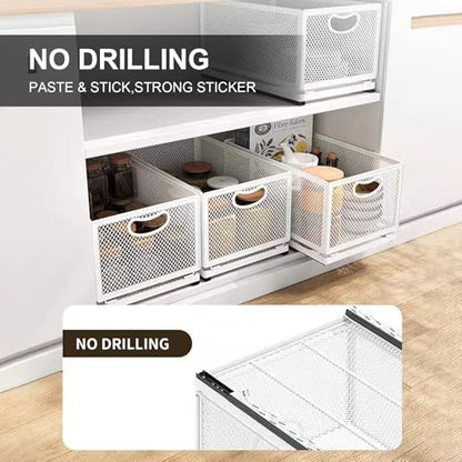 Sliding Cabinet Basket Organizer Drawer Self Adhesive Slide out Pantry Shelves Heavy Duty Carbon Steel Slide Cabinet Storage Basket with Handle for Bathroom Kitchen Home - size: Large