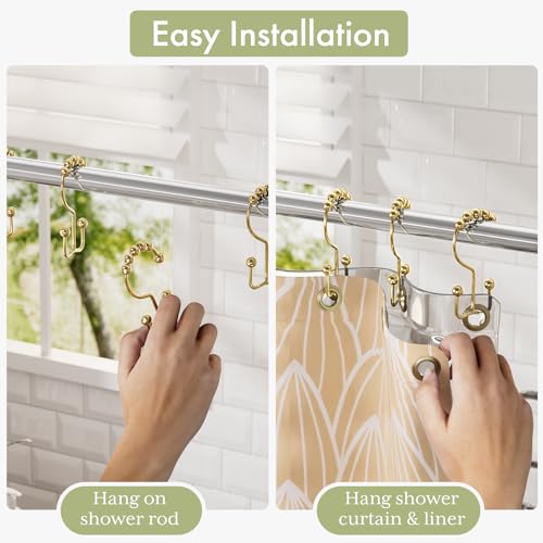 Gold Shower Curtain Hooks Rings, Stainless Steel Shower Curtain Rings, 12Pcs Double Glide Shower Hooks for Bathroom Shower Curtain Rods Dual Rust-Resistant Shower Rings - color: Polished Golden, style: Double Hooks