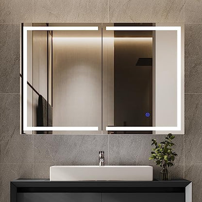 Lighted Medicine Cabinet with Mirror, Wall Mounted Bathroom Mirror with Storage, 2 Doors Bathroom Wall Cabinet with LED Lights, 31.5'' x 23.6'' - size: 31.5'' x 23.6'' With 2 Doors