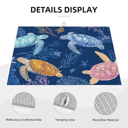 Turtle Dish Drying Mats for Kitchen Counter Absorbent Reversible Drying Mats Microfiber Kitchen Countertop Protector Dishes Drying Pad Extra Large “18 x 24" Dish Mat - color: Dark Blue-Turtle
