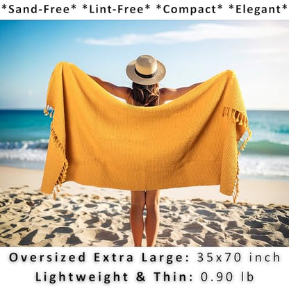 PÜSKÜL 2-Piece Luxury Natural 100% Turkish Cotton Beach Towels Waffle Weave | Mustard, Oversize 35x70" Bath Sheet Towel Lightweight Soft Absorbent Quick-Dry Sand-Free Peshtemal Oeko-Tex Made in Turkey - color: Mustard Yellow