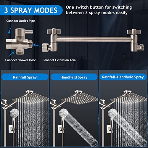 Shower Head Combo,10" Brushed Nickel High Pressure with 11" Extension Arm | Rain Shower Head with 5 Settings Handheld Shower Head Combo,Powerful Shower Spray Against Low Pressure Water - color: Nickel, size: 10" Showerhead Set